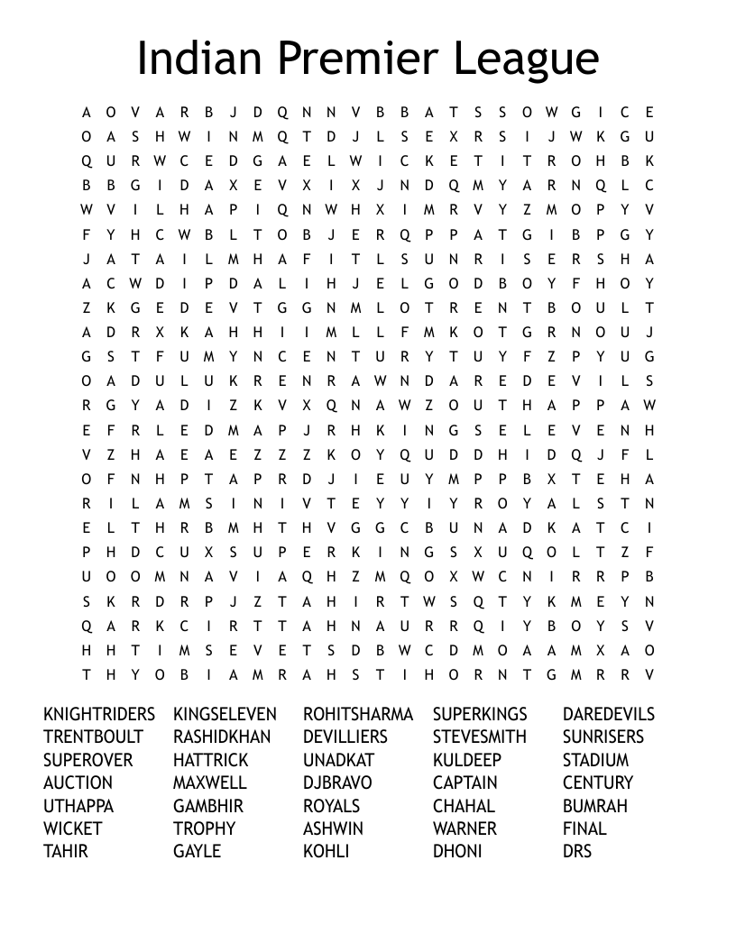Indian Premier League Word Search