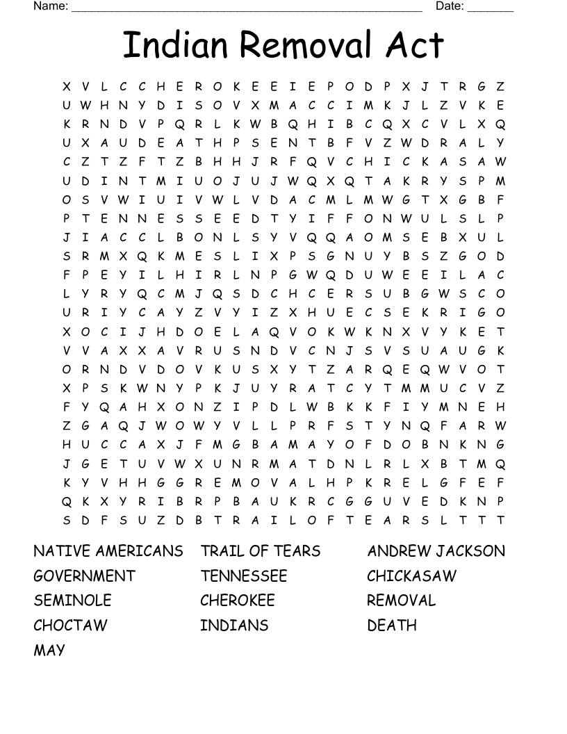 Indian Removal Act Word Search