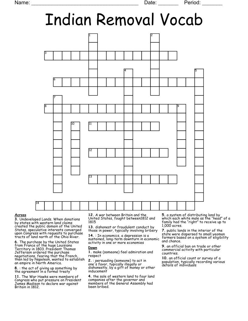 Indian Removal Vocab Crossword