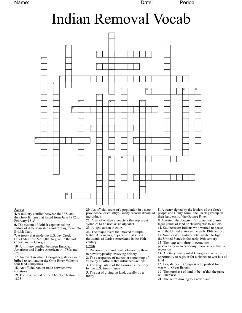 Indian Removal Vocab Crossword