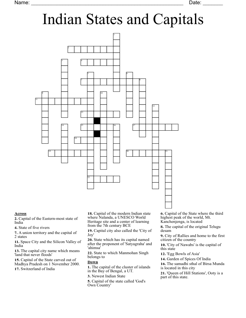 Indian States and Capitals Crossword