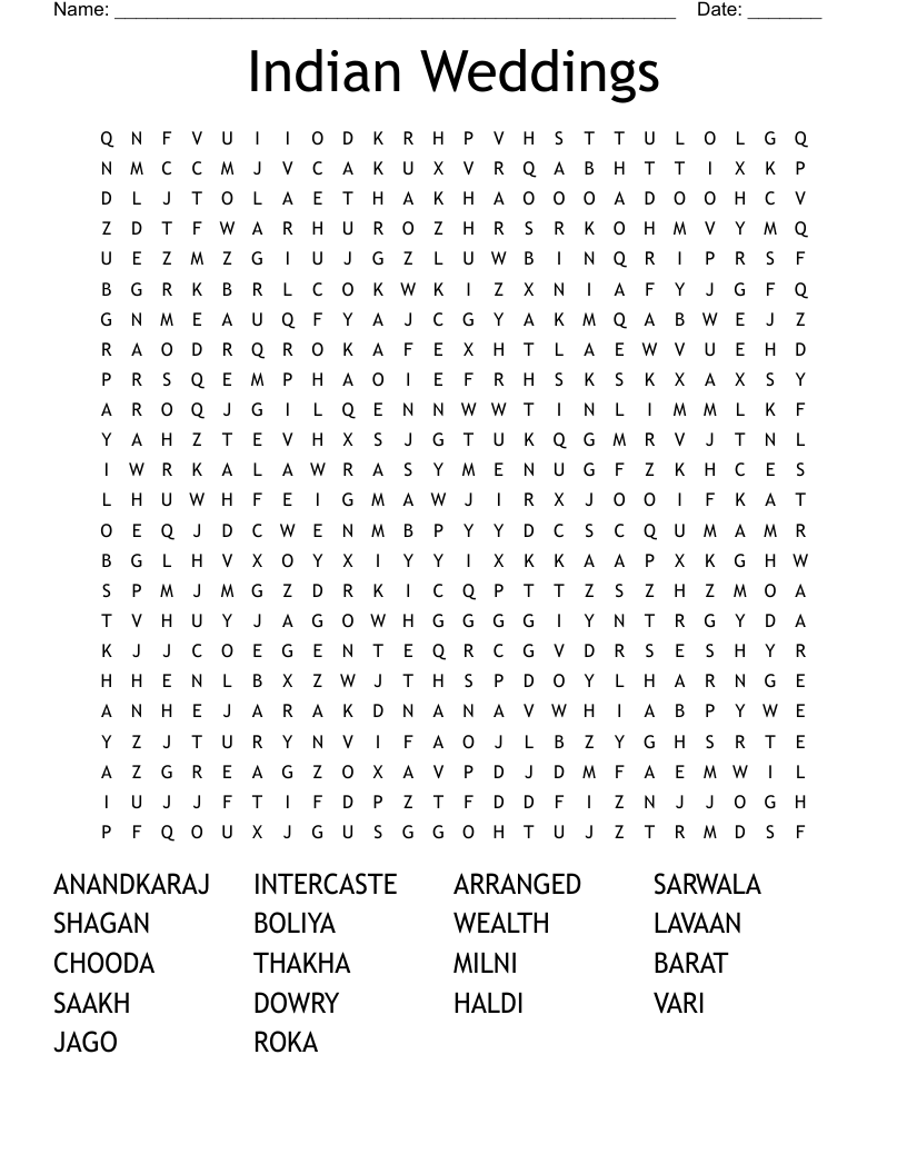 Indian Weddings Word Search