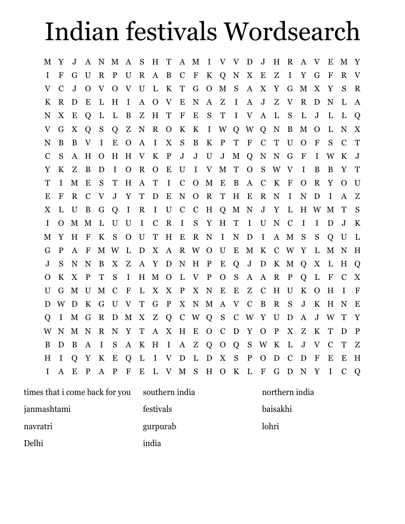 Indian festivals Wordsearch
