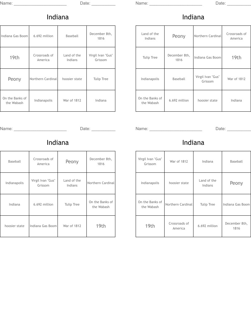 Indiana Bingo Cards