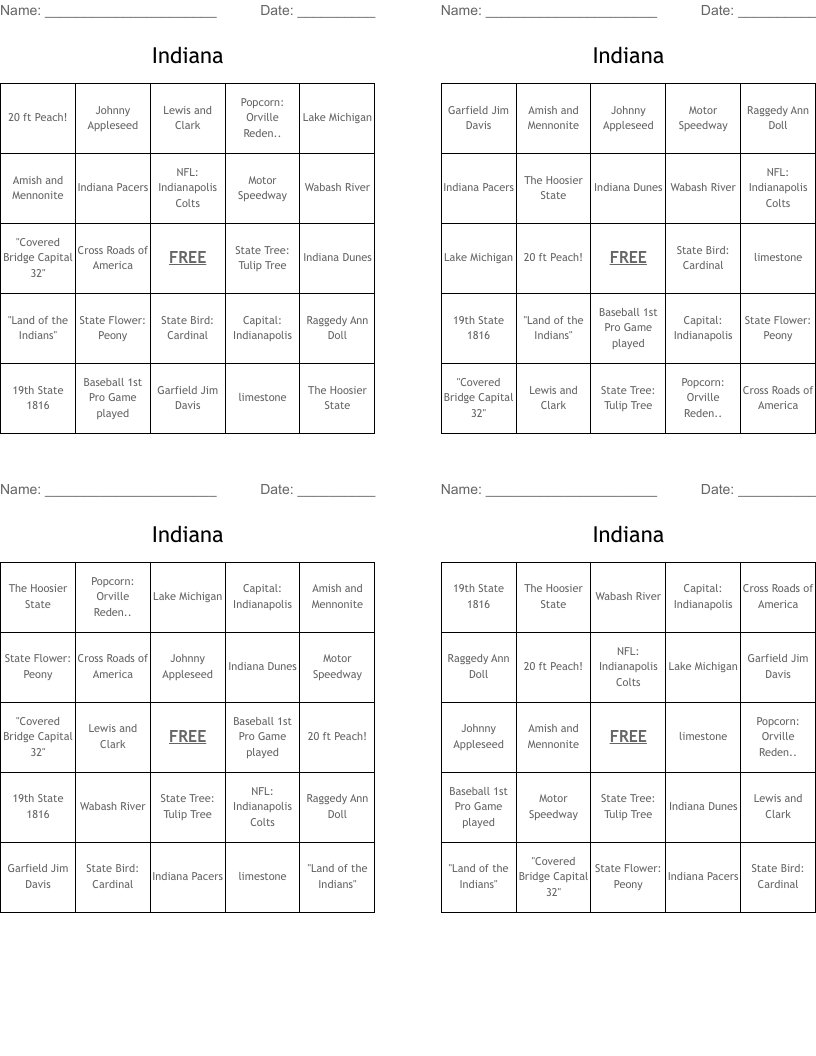 Indiana Bingo Cards
