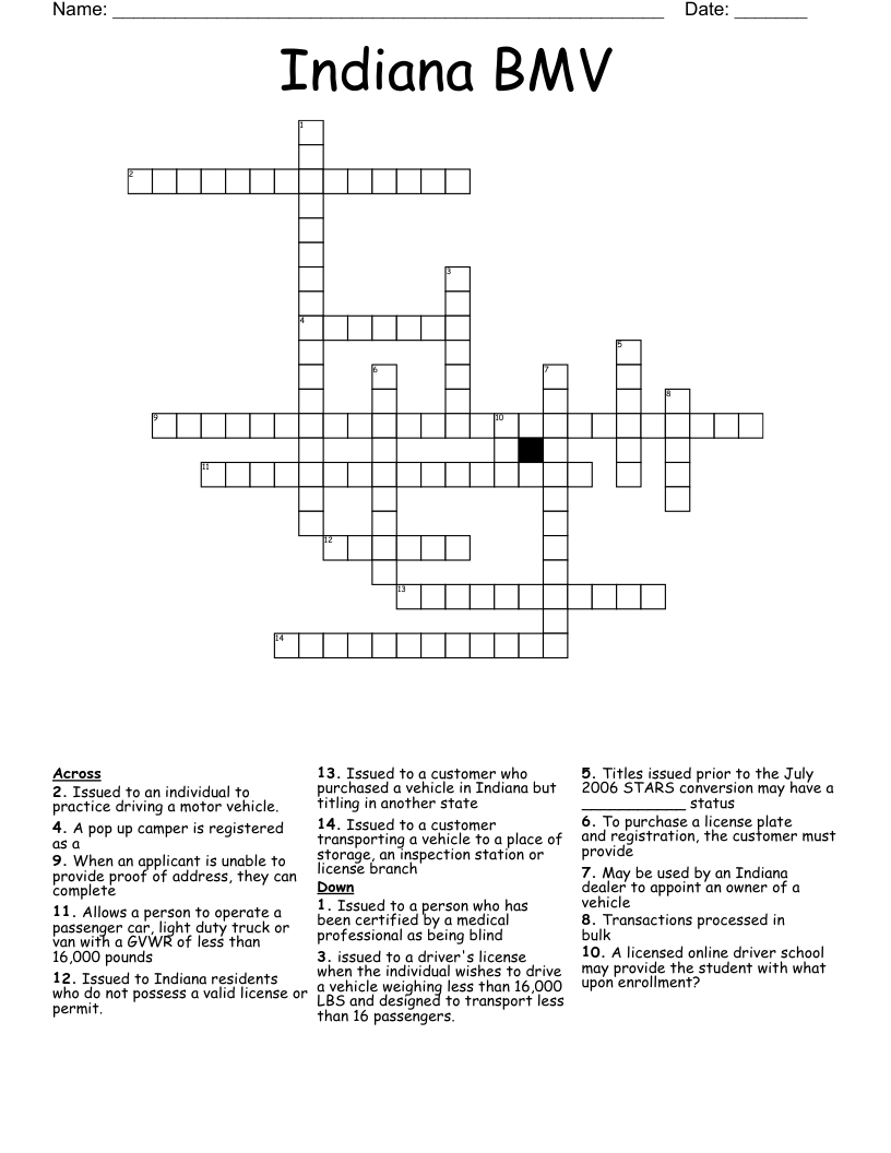 Indiana BMV Crossword