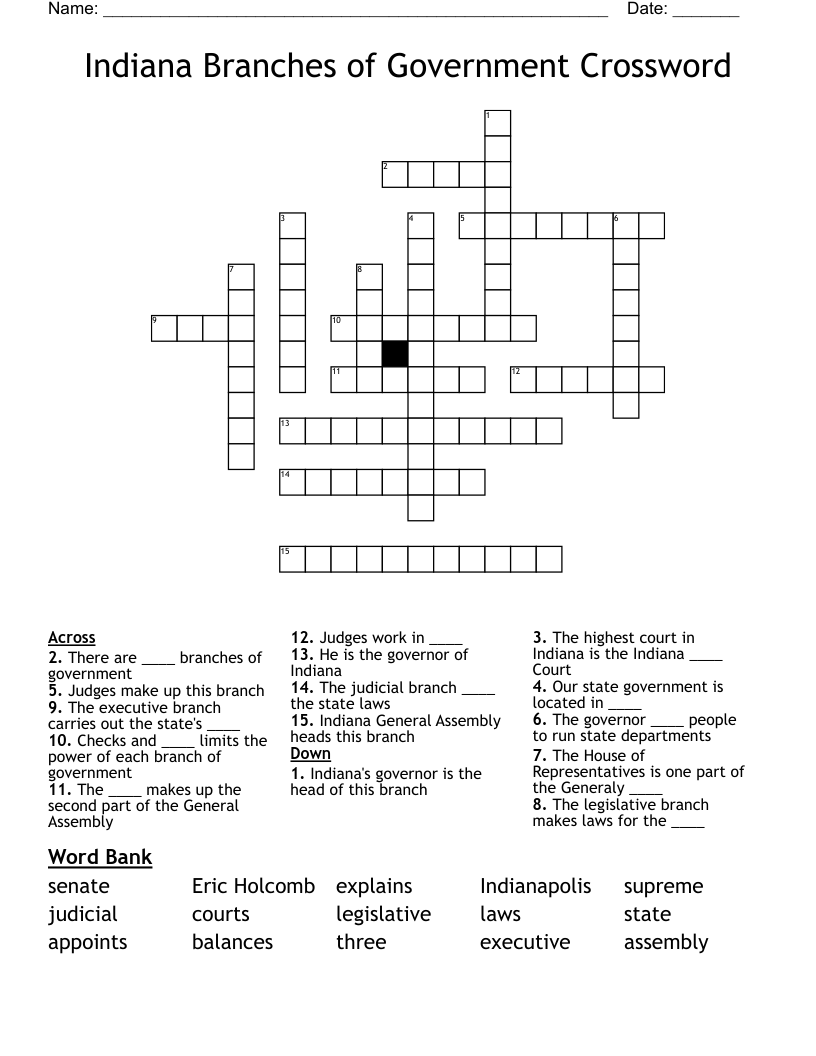 Indiana Branches of Government Crossword