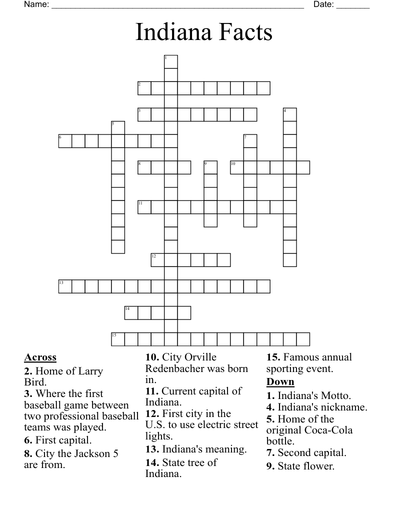 Indiana Facts Crossword