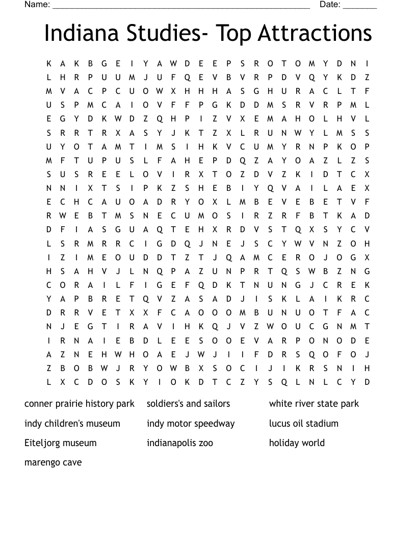 Indiana Studies- Top Attractions Word Search