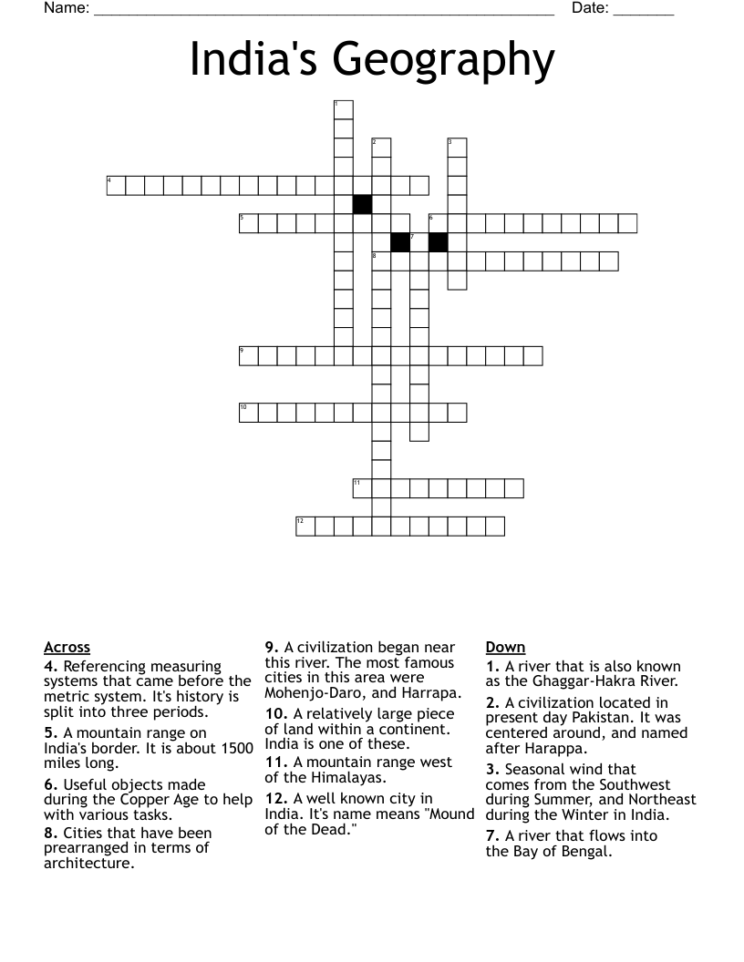 India's Geography Crossword