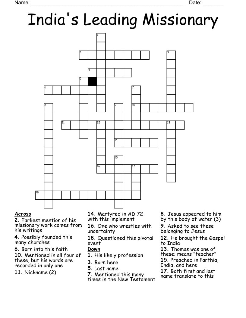 India's Leading Missionary  Crossword