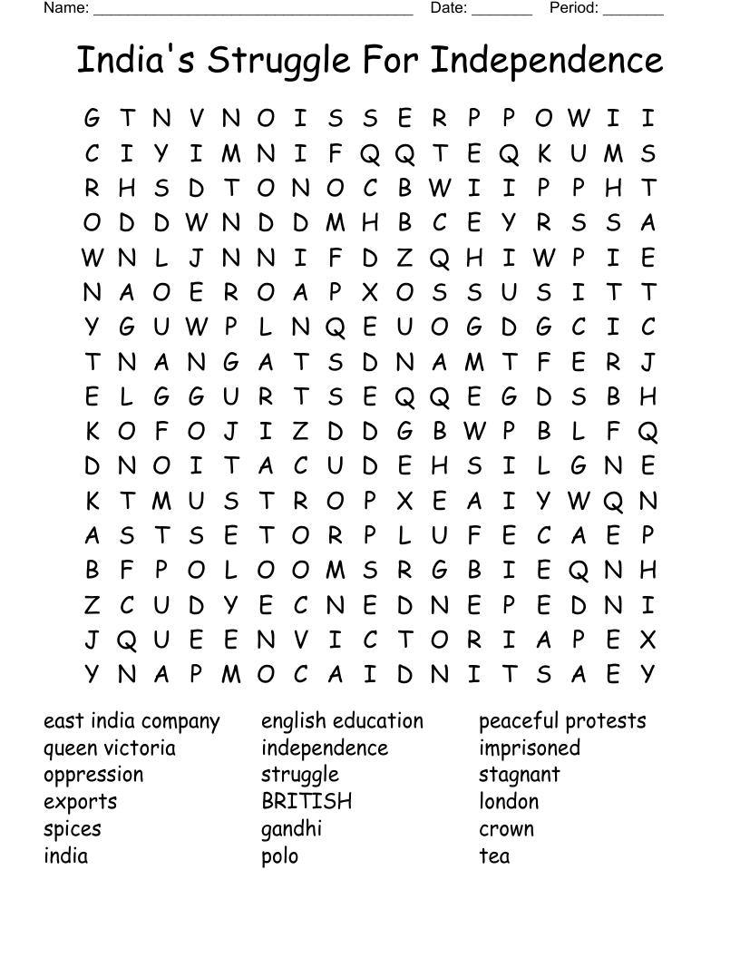 India's Struggle For Independence Word Search
