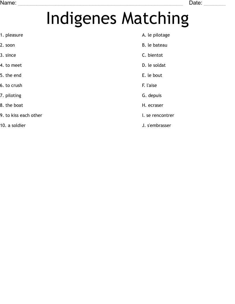 Indigenes Matching Worksheet