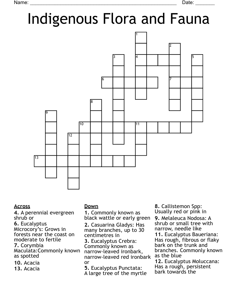 Indigenous Flora and Fauna Crossword