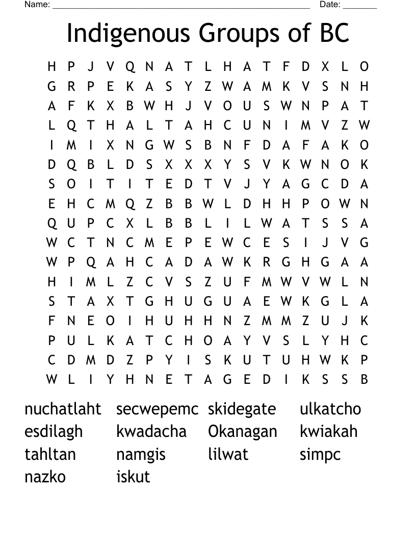 Indigenous Groups of BC Word Search