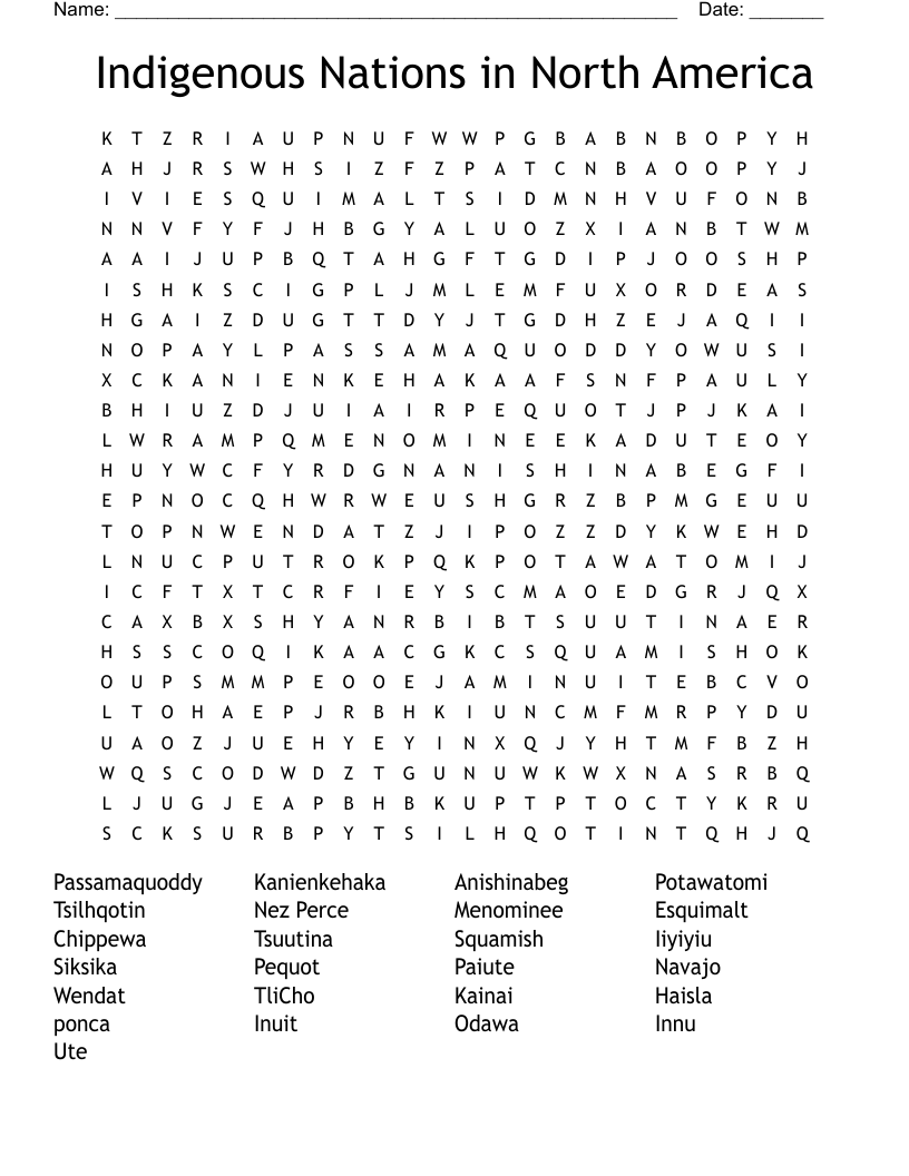 Indigenous Nations in North America Word Search