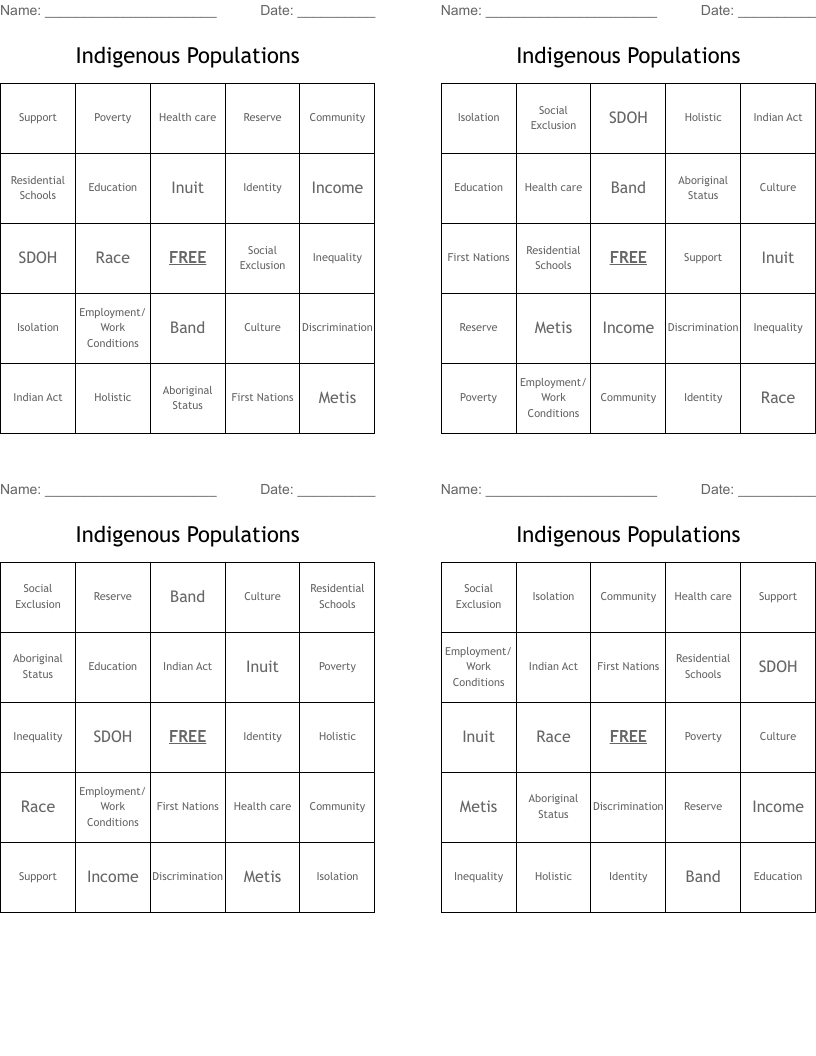 Indigenous Populations Bingo Cards