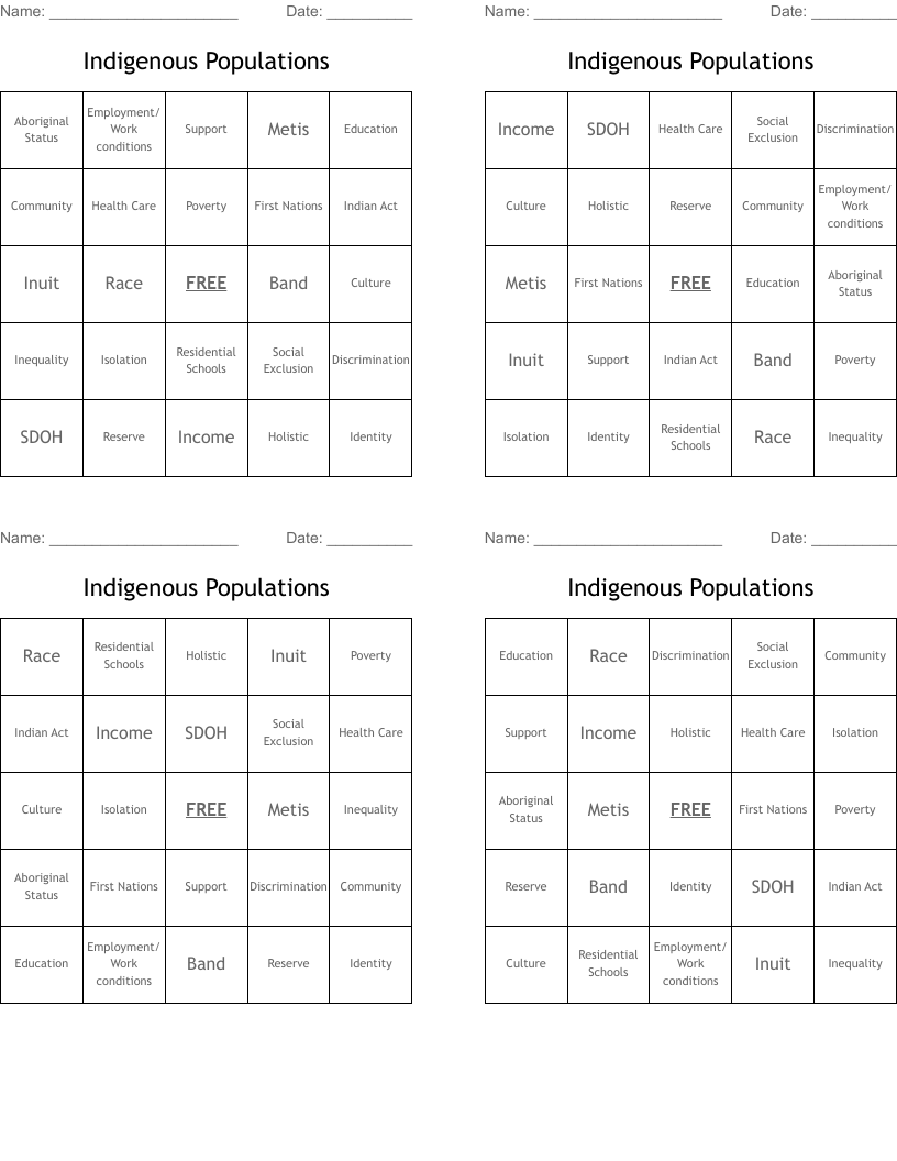 Indigenous Populations Bingo Cards