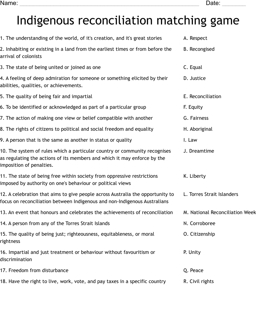 Indigenous reconciliation matching game   Worksheet