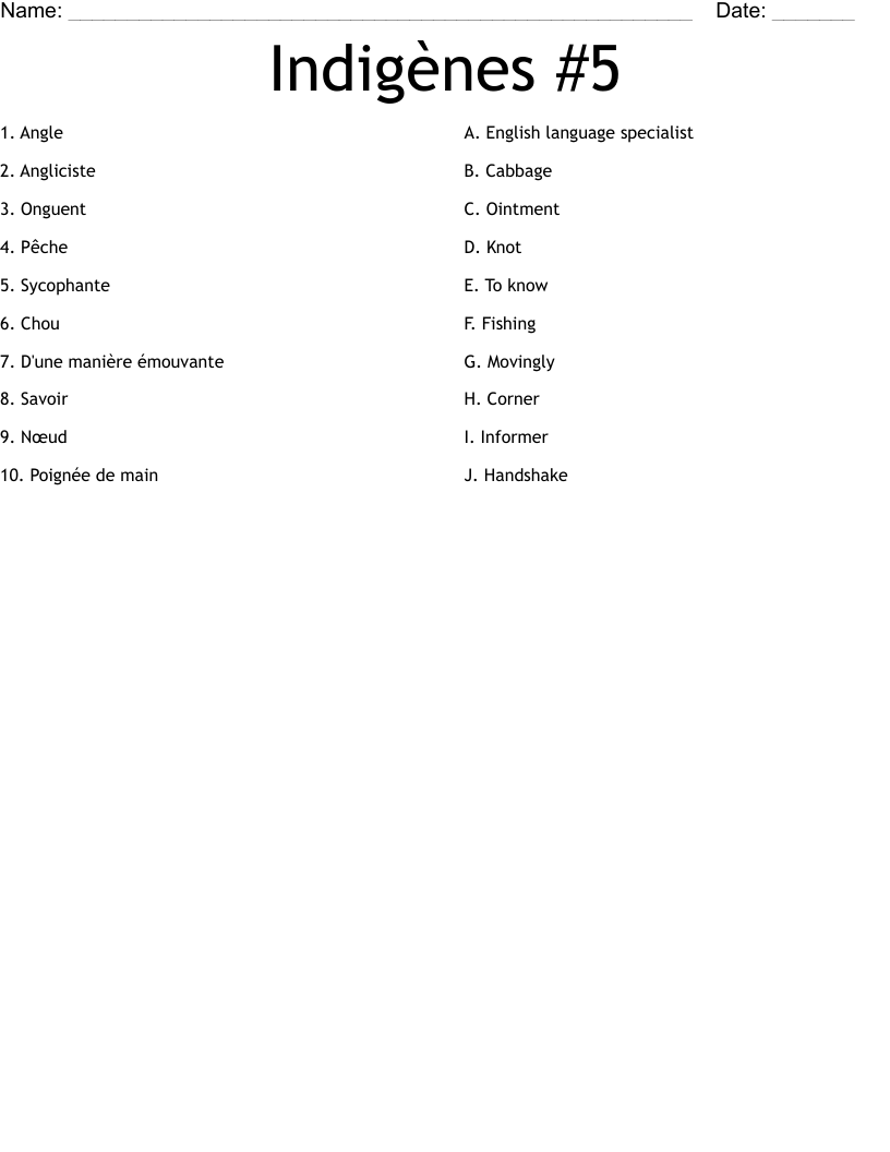 Indigènes #5 Worksheet