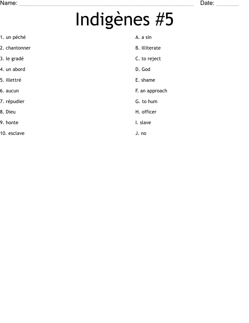 Indigènes #5 Worksheet