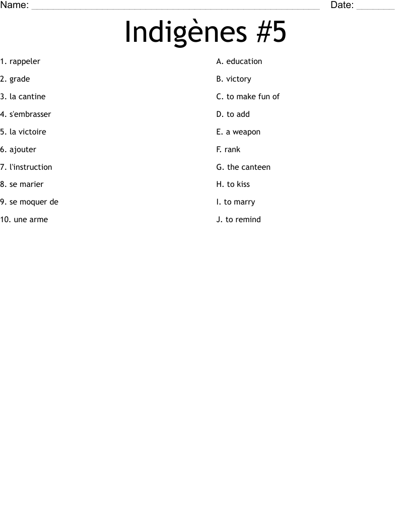 Indigènes #5 Worksheet