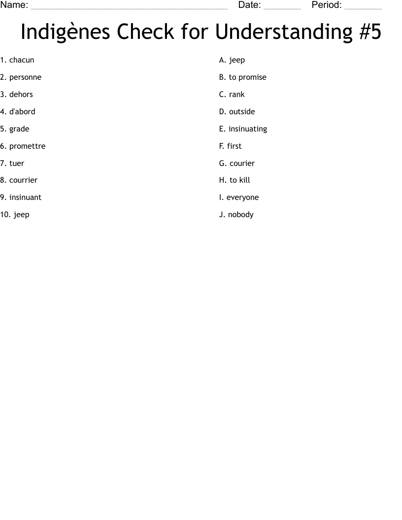 Indigènes Check for Understanding #5 Worksheet