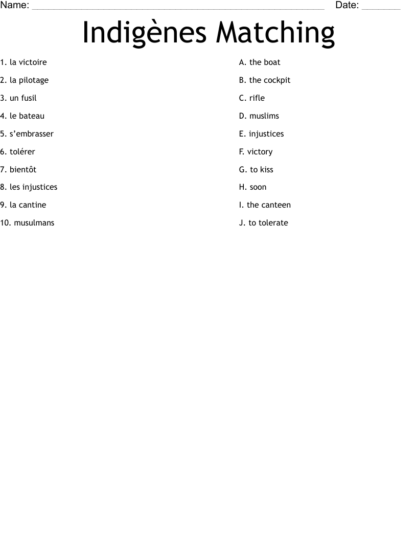 Indigènes Matching Worksheet