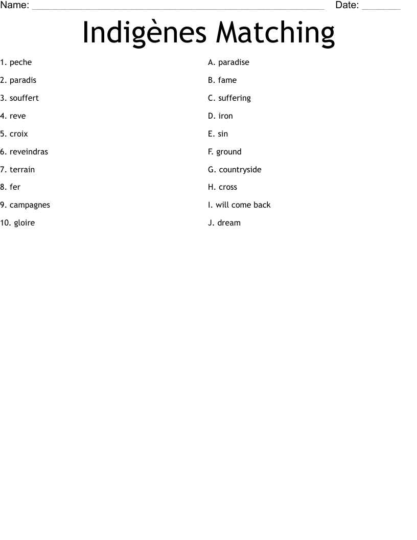 Indigènes Matching Worksheet