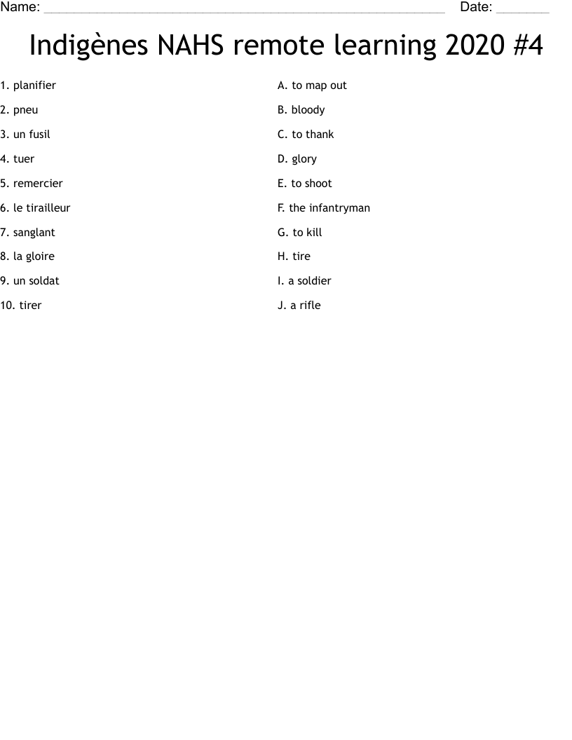Indigènes NAHS remote learning 2020 #4 Worksheet