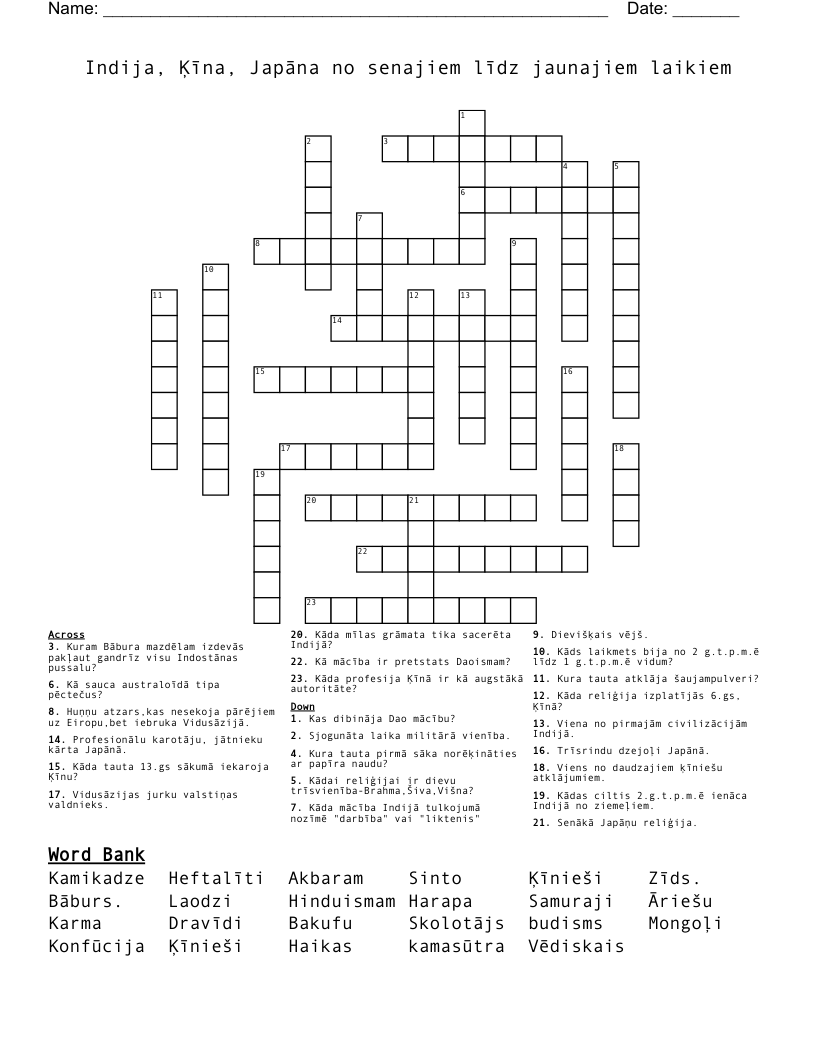 Indija, Ķīna, Japāna no senajiem līdz jaunajiem laikiem Crossword