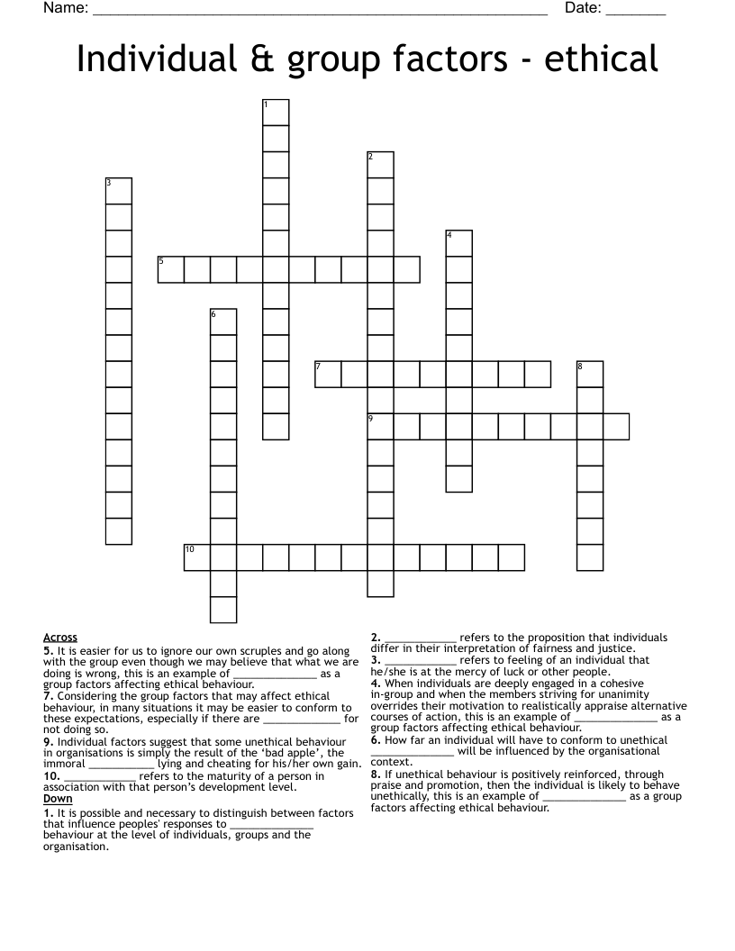 Individual & group factors - ethical Crossword