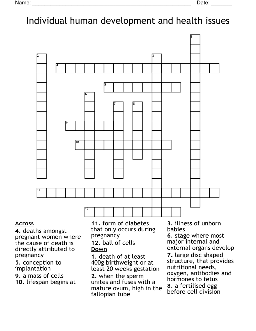 Individual human development and health issues Crossword