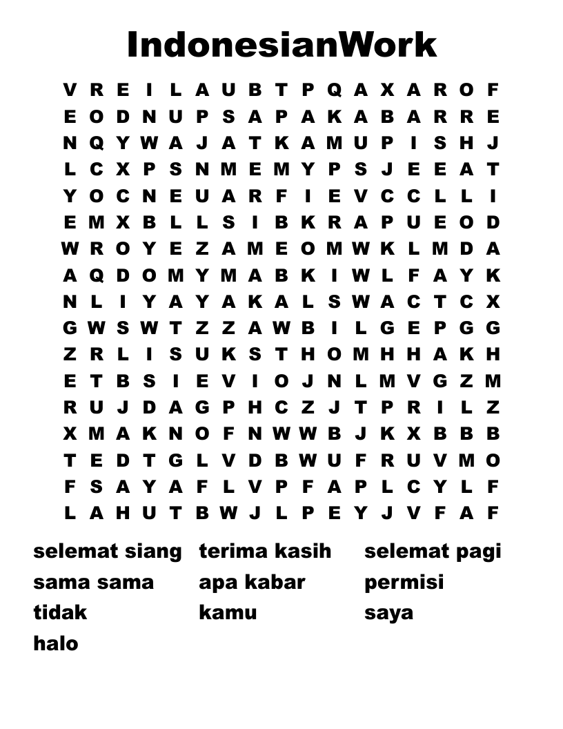 IndonesianWork Word Search