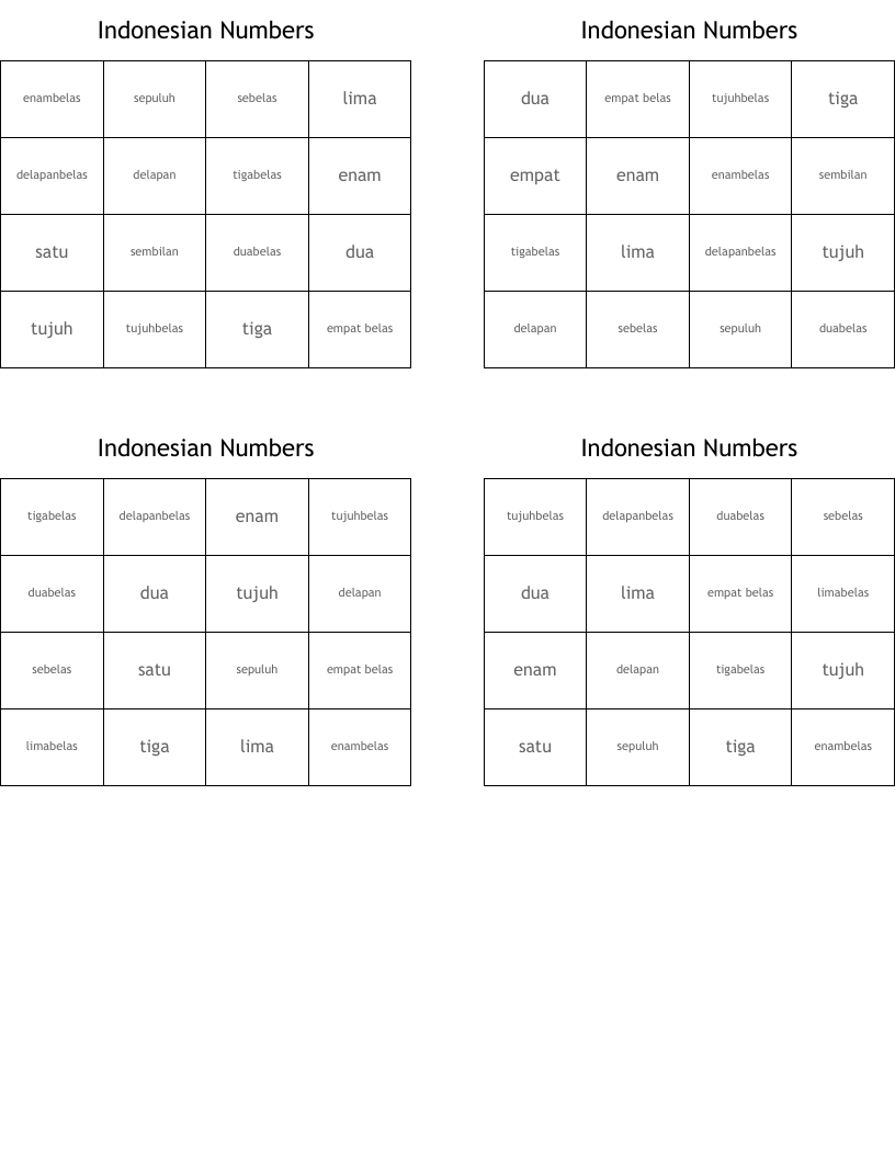 Indonesian Numbers Bingo Cards