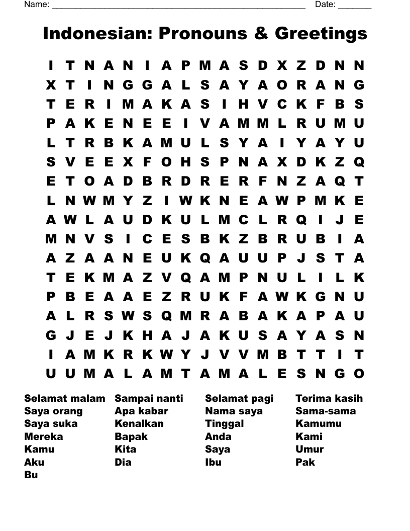 Indonesian: Pronouns & Greetings Word Search