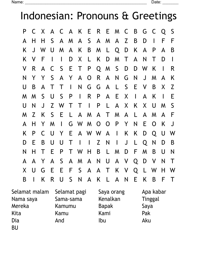 Indonesian: Pronouns & Greetings Word Search