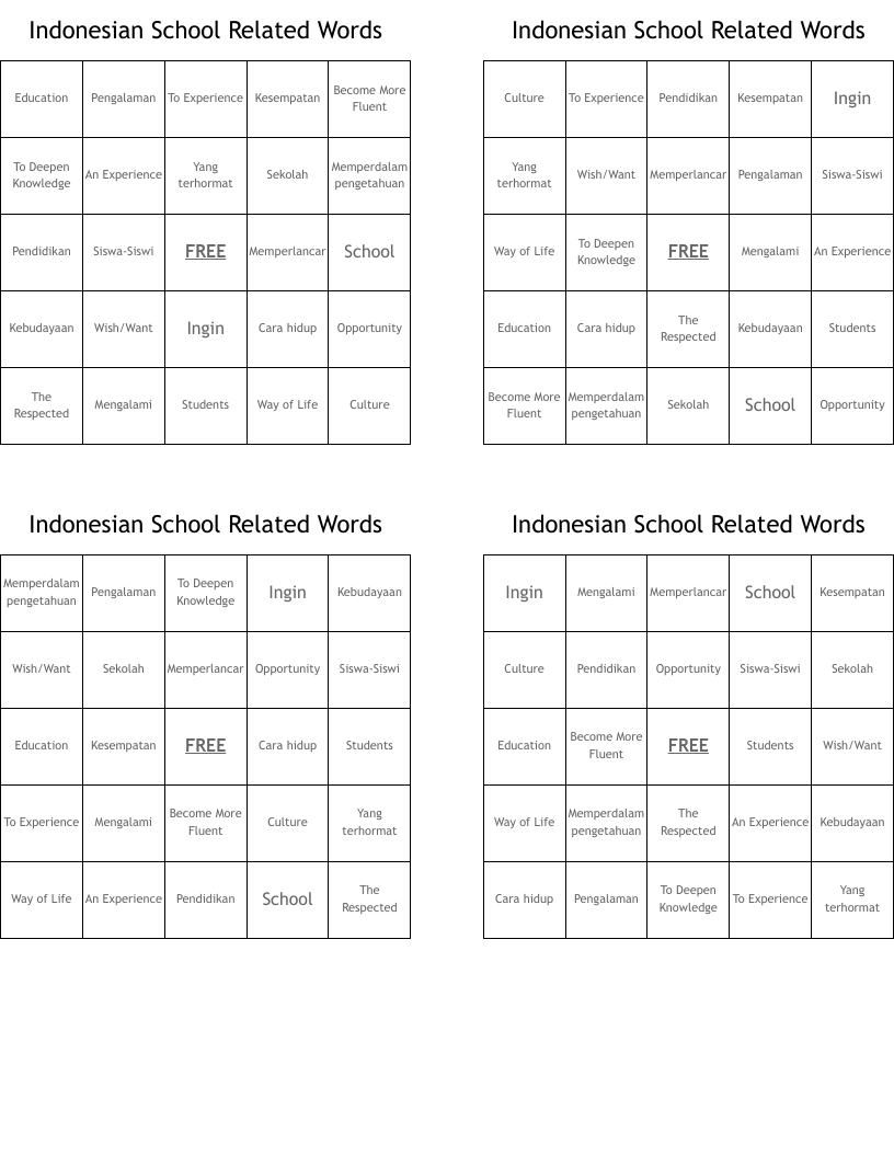 Indonesian School Related Words Bingo Cards