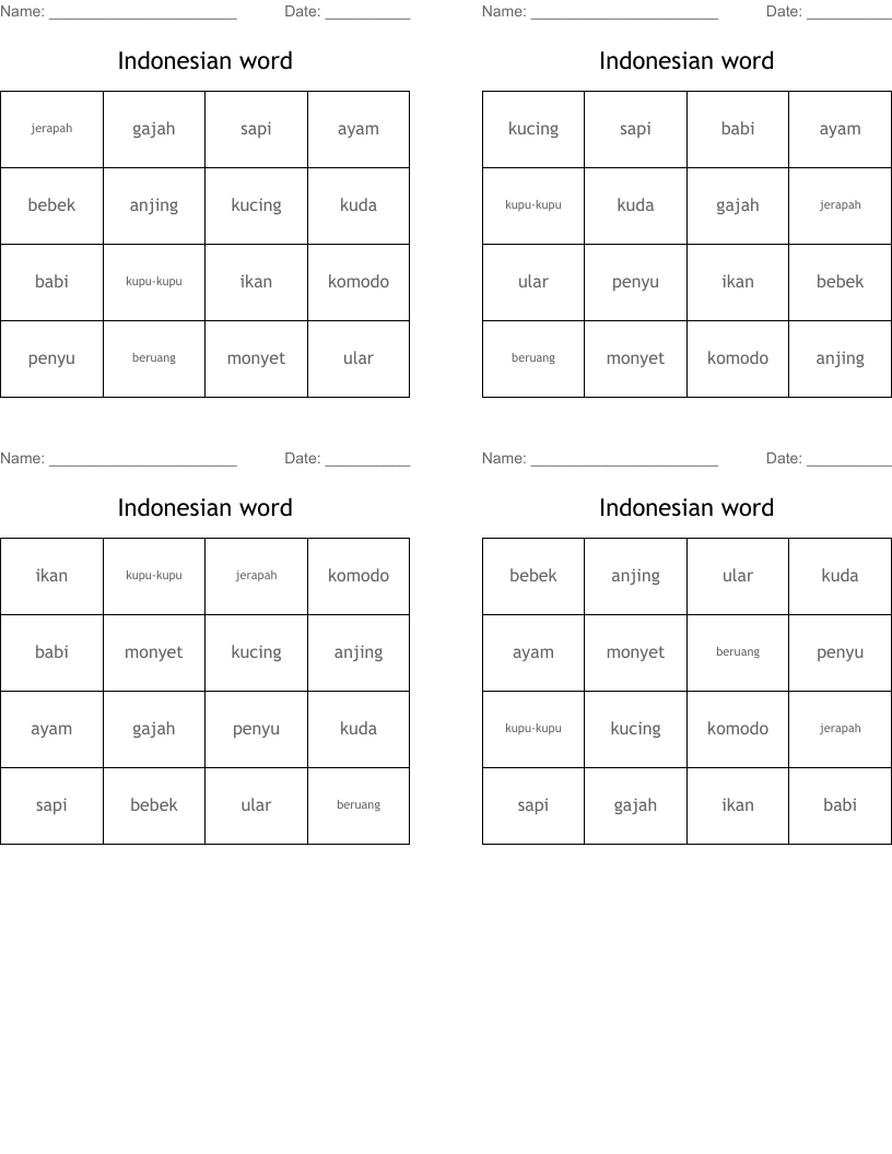 Indonesian word Bingo Cards