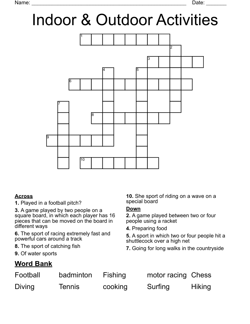 Indoor & Outdoor Activities Crossword