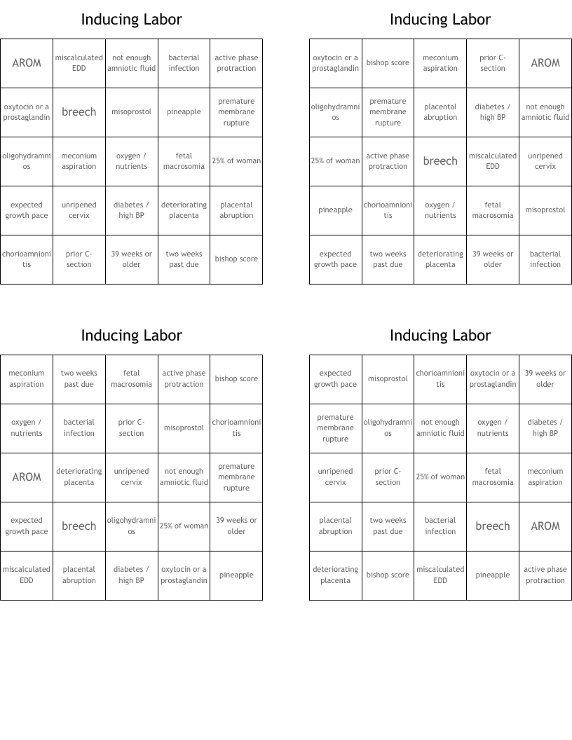 Inducing Labor Bingo Cards