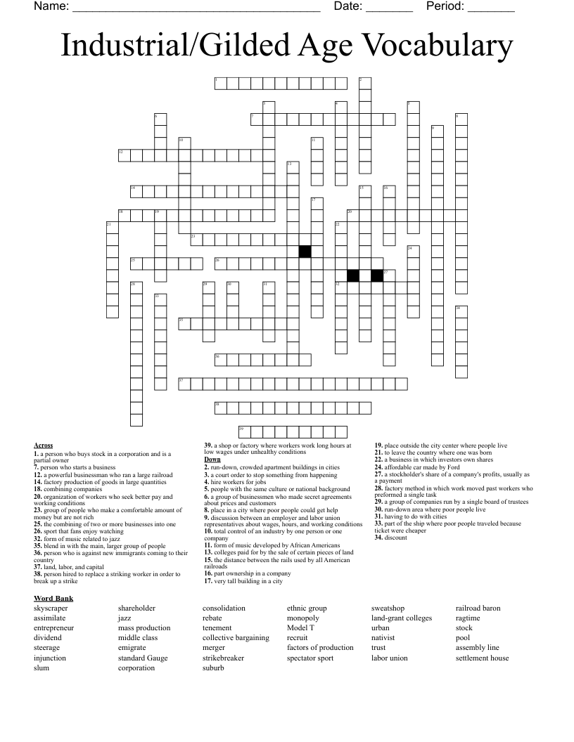 Industrial/Gilded Age Vocabulary Crossword
