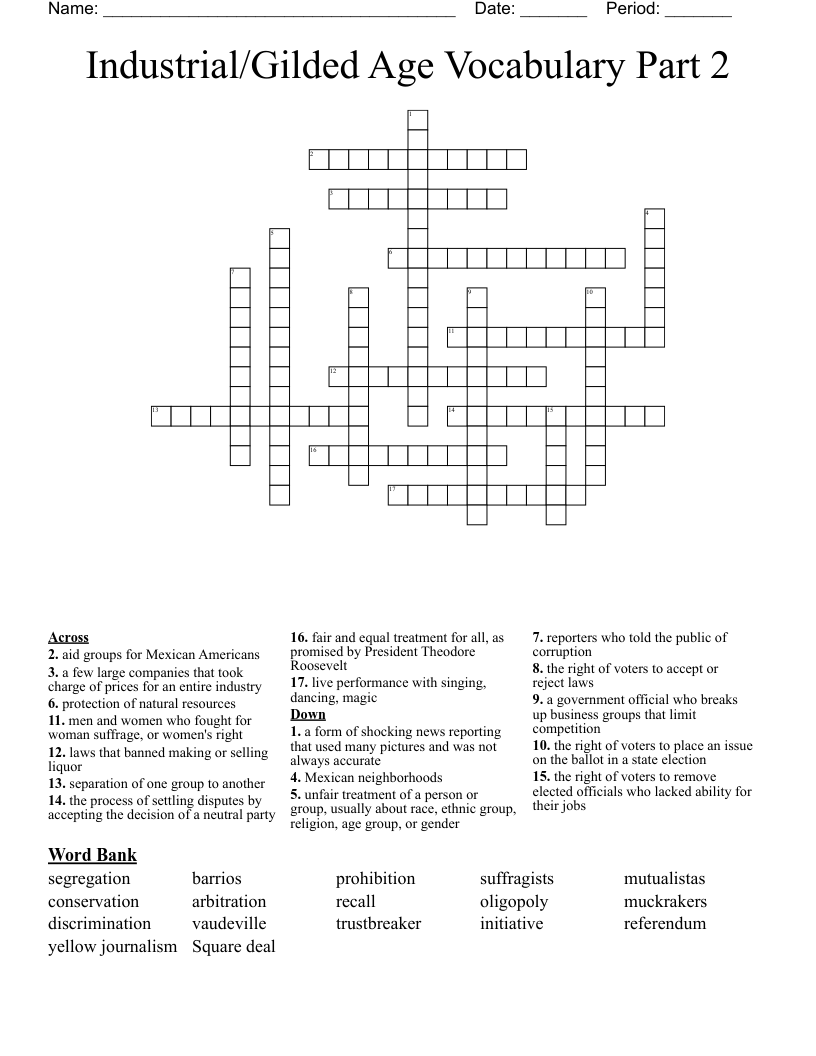 Industrial/Gilded Age Vocabulary Part 2 Crossword