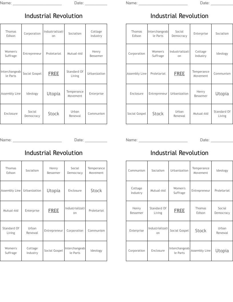 Industrial Revolution Bingo Cards