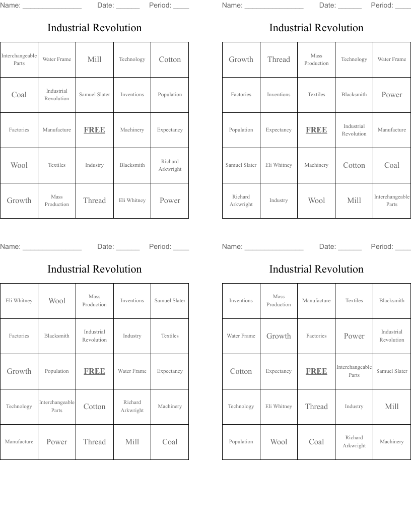 Industrial Revolution Bingo Cards