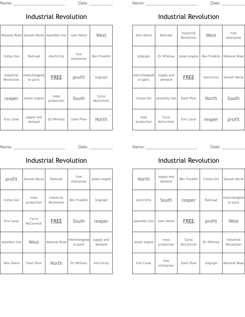 Industrial Revolution Bingo Cards