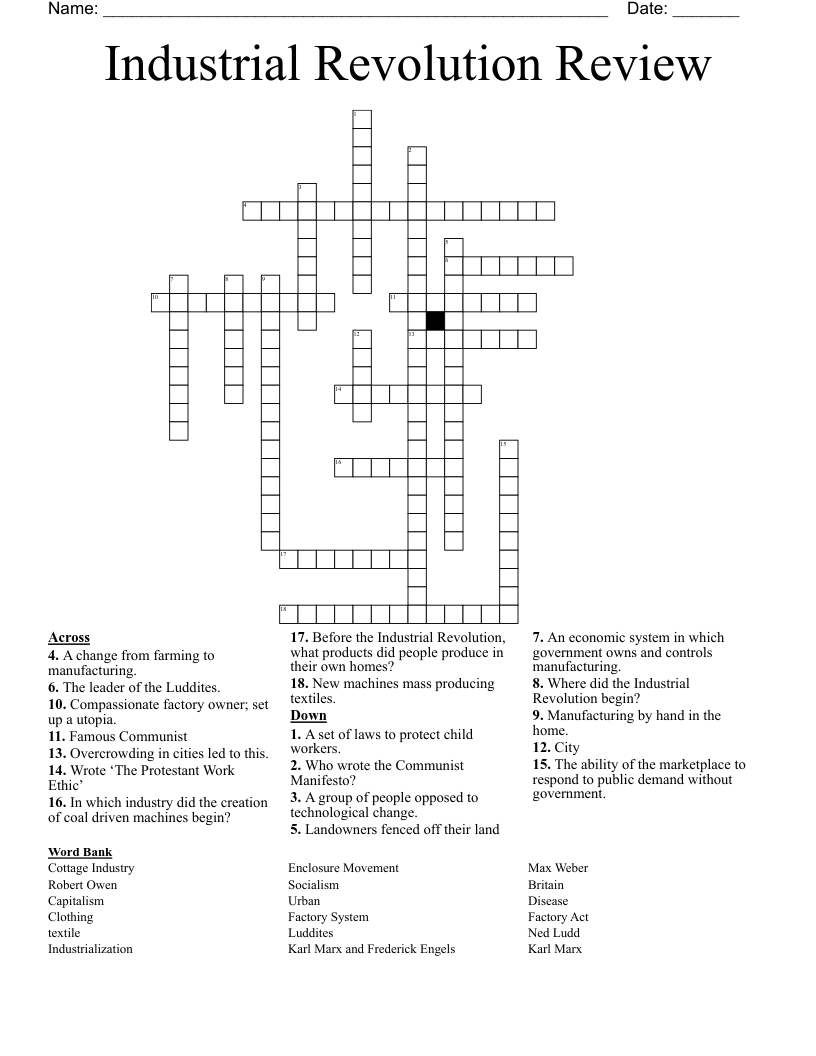Industrial Revolution Review Crossword