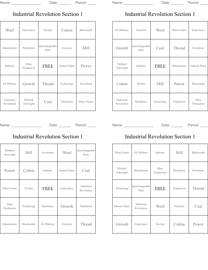 Industrial Revolution Section 1 Bingo Cards