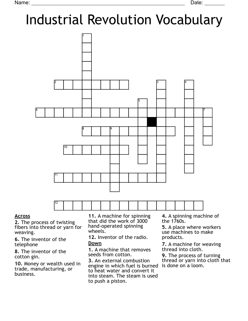 Industrial Revolution Vocabulary Crossword