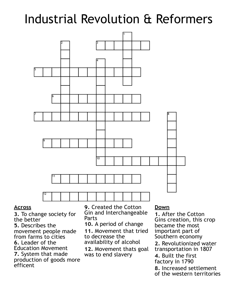 Industrial Revolution & Reformers Crossword